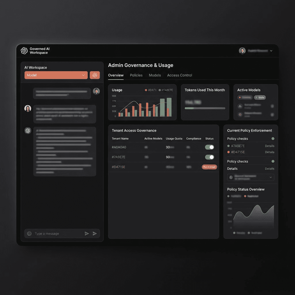 Governed AI Workspace dashboard showing model selection and admin governance controls