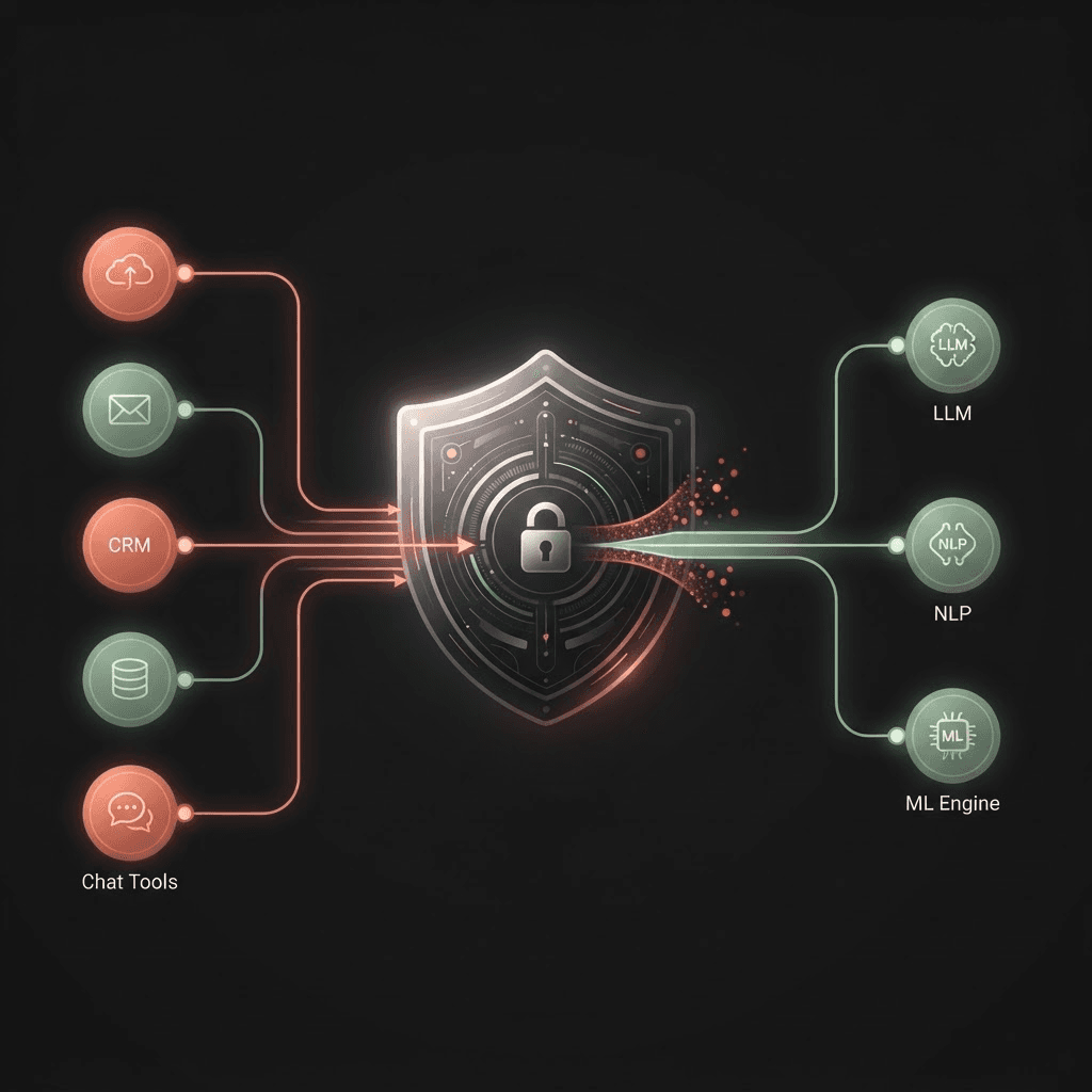 Diagram of data source connectors flowing through a governance gateway that blocks leaks and allows approved requests to AI models